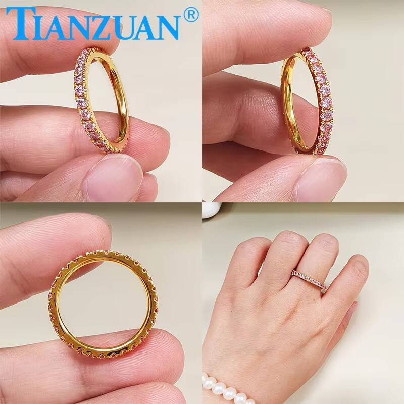 Pink Color 2mm Round Moissanite Full Eternity Ring Band Yellow / Rose Gold Plated S925 Silver Diamond Engagement Jewelry