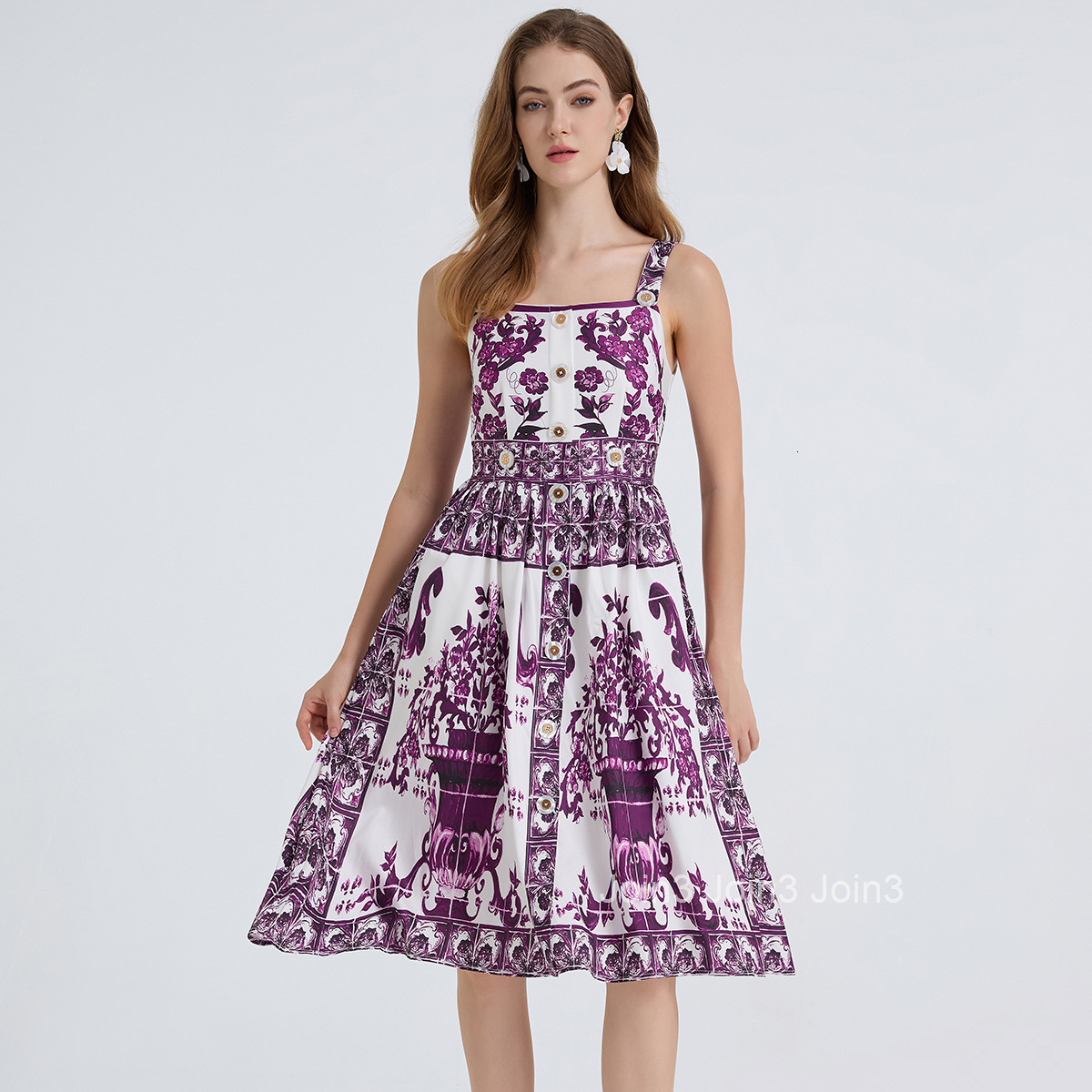 847 Summer New Womens Printed Strap Dress High Waist Slim Button A-line Dress