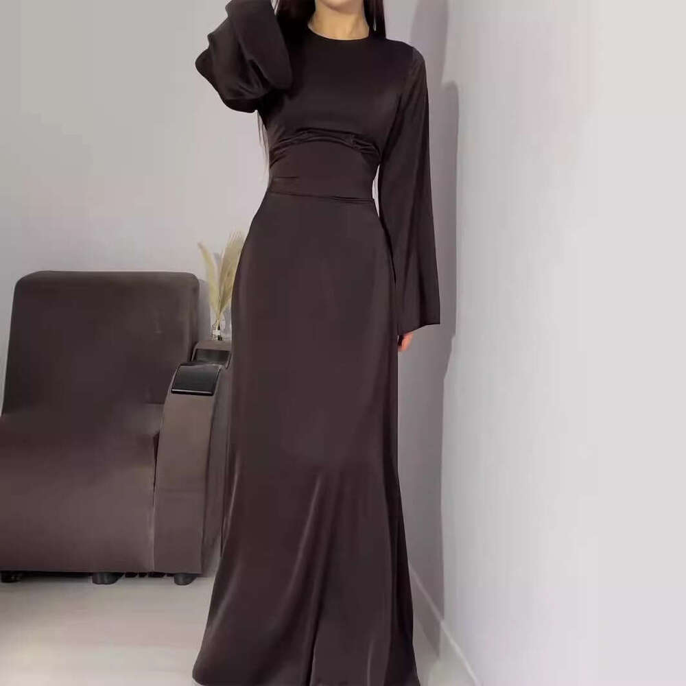 European and American Spring New Style Waist-Cinching Slimming Tie Solid Color Sleeve Long Elegant Women's Dress