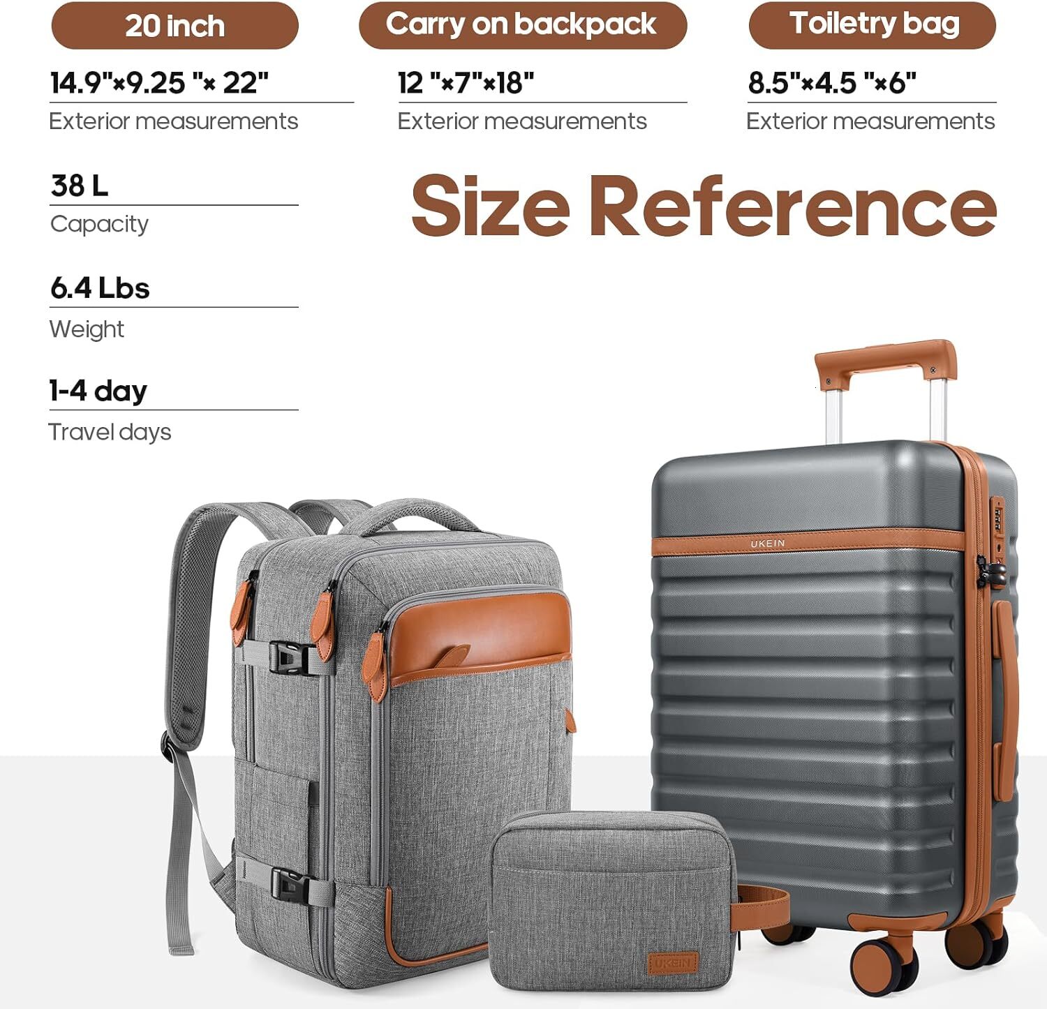 UKEIN Sets Piece Lage 20 Inch Spinner Wheels PC Hardside Set with TSA Lock Durable Carry On Suitcase With Travel designer bag Backpack for Men Grey 3 