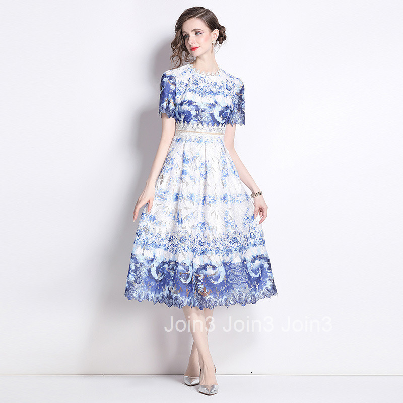 536 Summer New Womens Fashion Elegant Slim Hollow Water-Soluble Lace Printed Mid-Length Dress