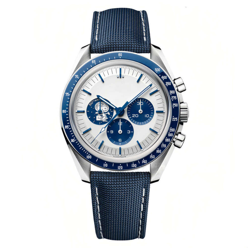 Men's Luxury Manual Mechanical Watch, 42mm Big Silver Chronograph Dial, Blue Ceramic Bezel, Sapphire Crystal, 50m Water Resistant, Classic Business Style