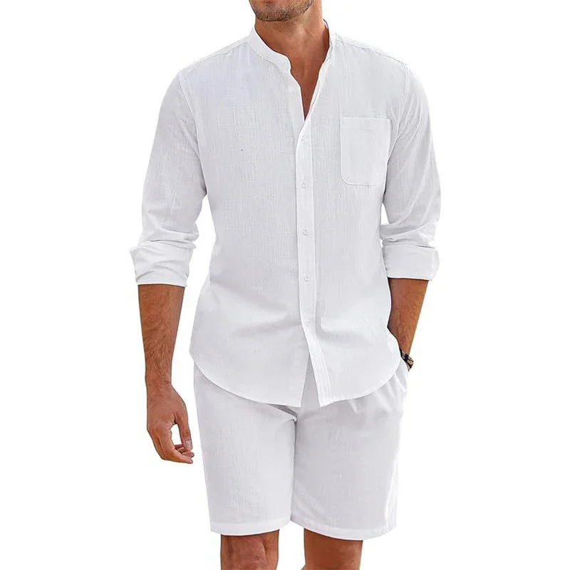 Summer Mens Casual Sets Breathable Cotton Linen Vintage Stand Collar ShirtsShorts Sets Men Comfortable Breathable Beach Suits 250715
