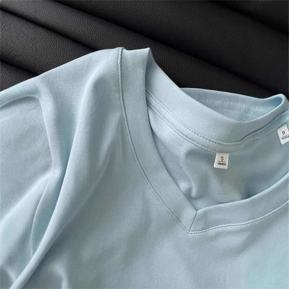 92 Cotton Blue Regular Shoulder Sleeve T-Shirt Women's Summer Slim Fit Stylish Pleated Waist Short Top