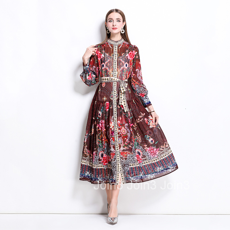 1247 Spring Summer New Chiffon Stand Collar Lantern Sleeve Printed Long Dress