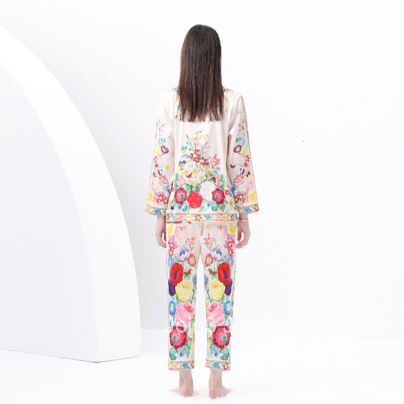 8822 Early Spring New Womens Casual Trimmed Pajama Set with Suit Collar Long Sleeve Long Pants Printed Two-Piece Set