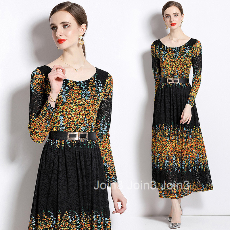 557 Autumn Winter New Womens Fashion Elegant Printed Long Sleeve Lace Flared Long Dress