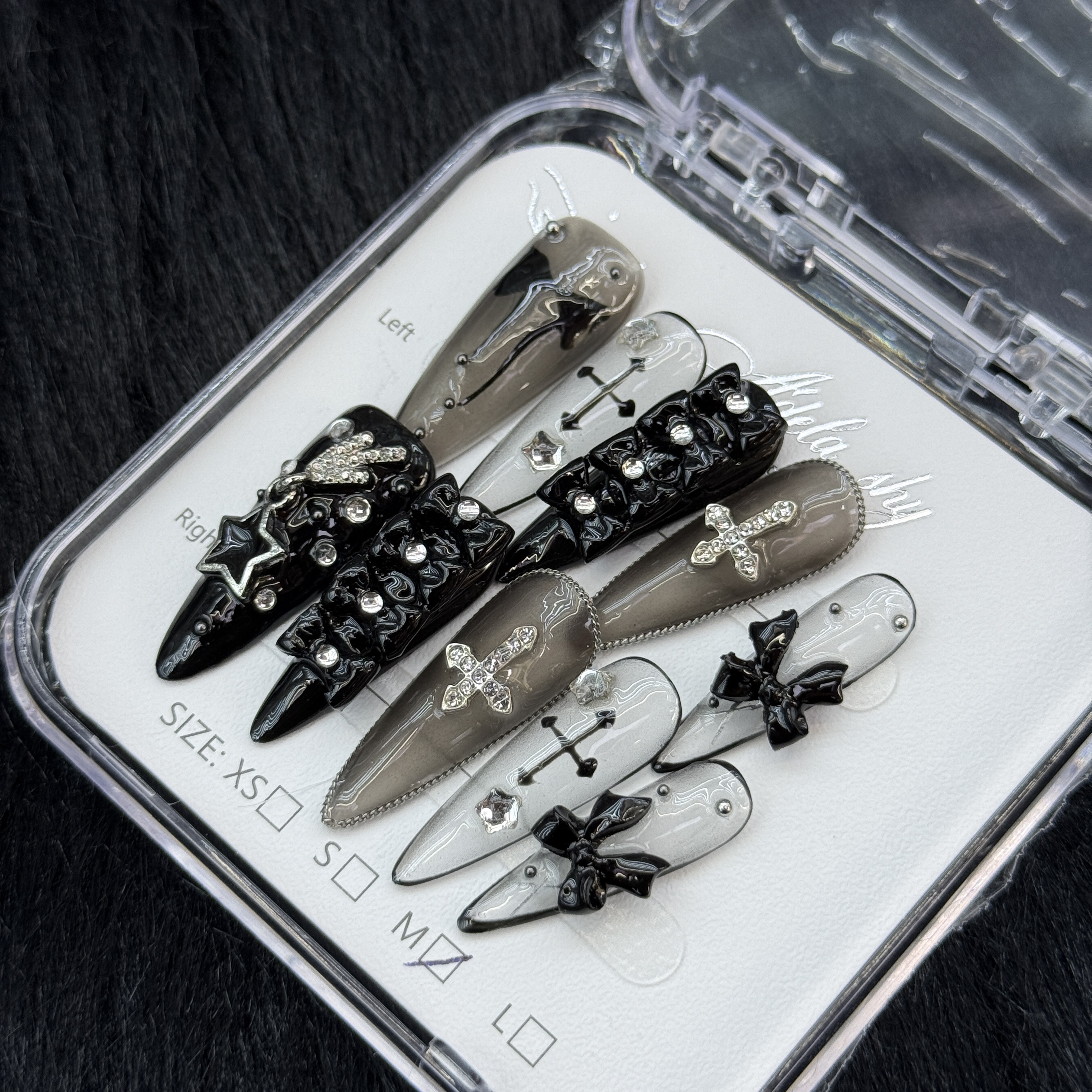 False Nails 10pcs Long Coffin Black White Grey Cross Bow Skull Rhinestone Detachable Full Cover Press On DIY Handmade press on nails