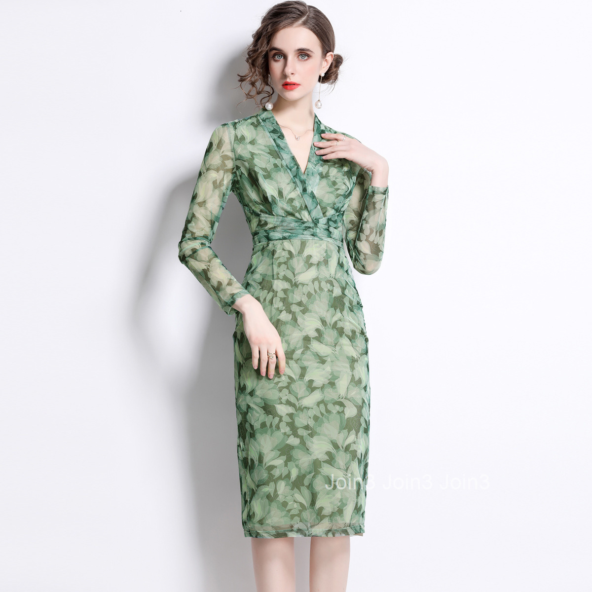 9037 Spring Summer New Womens Fashion Elegant Printed Dress V-neck Long Sleeve Tie Slim Fit Mid-length Dress