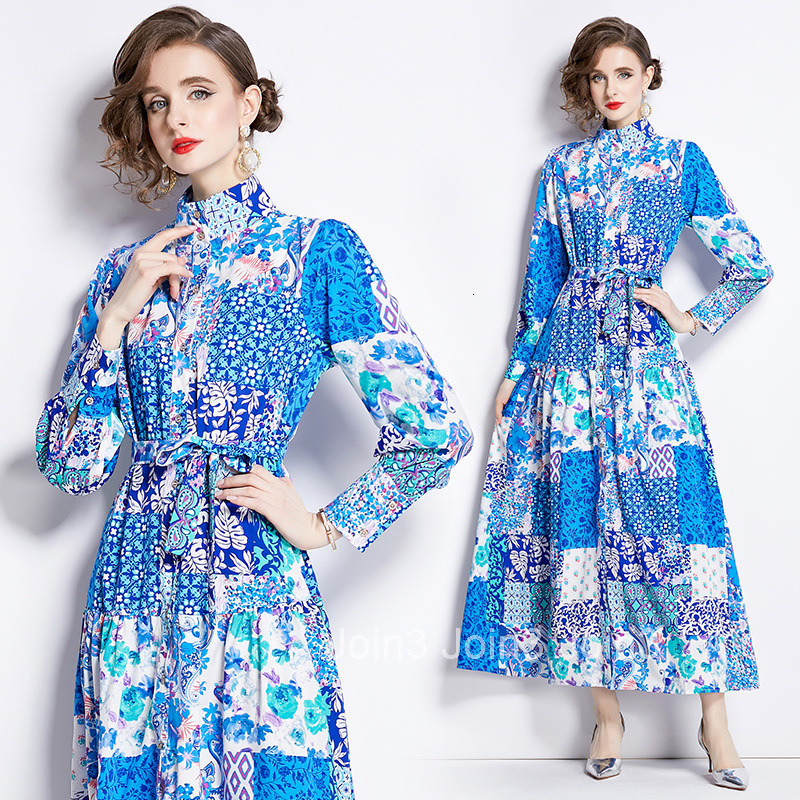 6945 Spring Summer New Womens Fashion Elegant Stand Collar Long Sleeve Slim Fit Printed Flared Long Dress