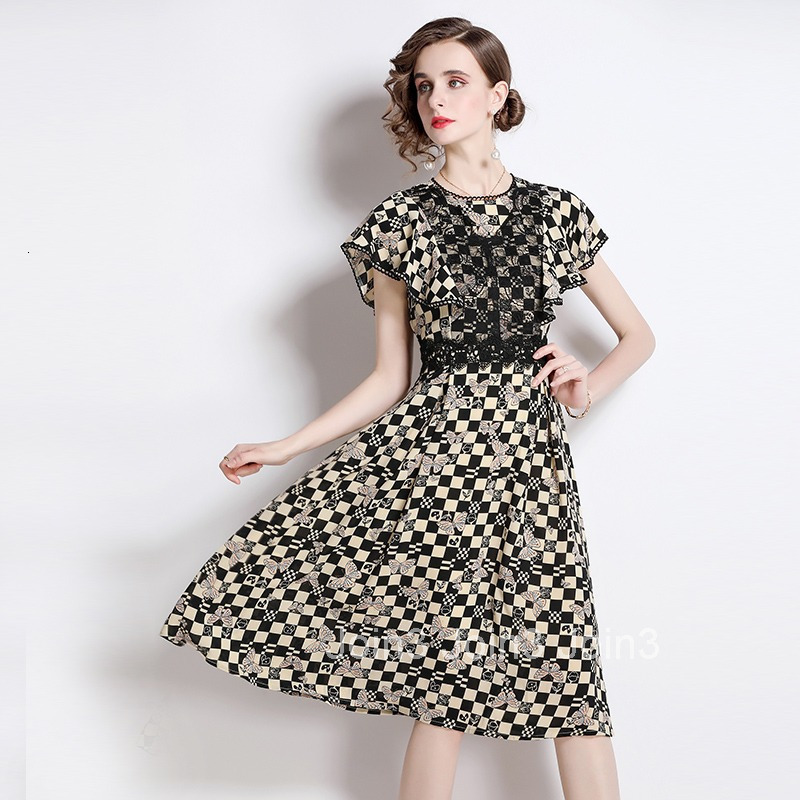 6566 Womens Summer New Plaid Print Mid-Length Dress Elegant Waist-Cinching Slimming Short Sleeve A-Line Dress