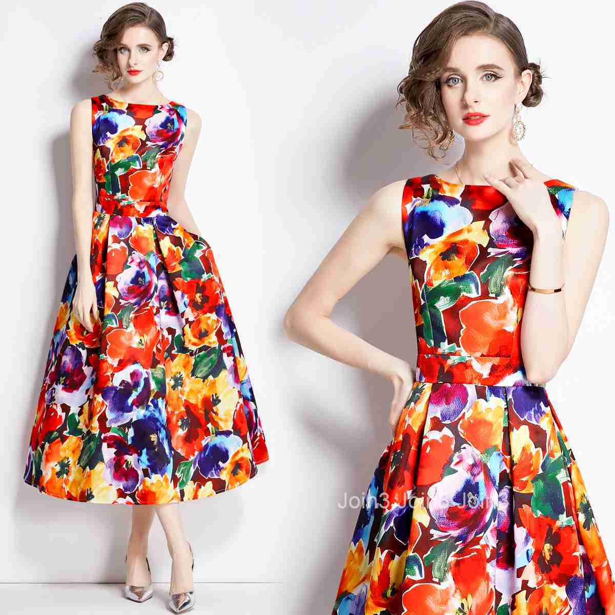 891 Summer New Womens Printed Sleeveless High Waist Dress Slim Waist Flared Long Dress