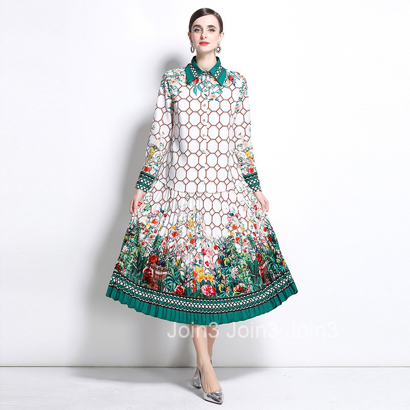 1068 Spring New Womens Clothing Flip Collar Long Sleeve Printed Shirt Hundred Fold Half length Skirt Aging and Temperament Set Skirt
