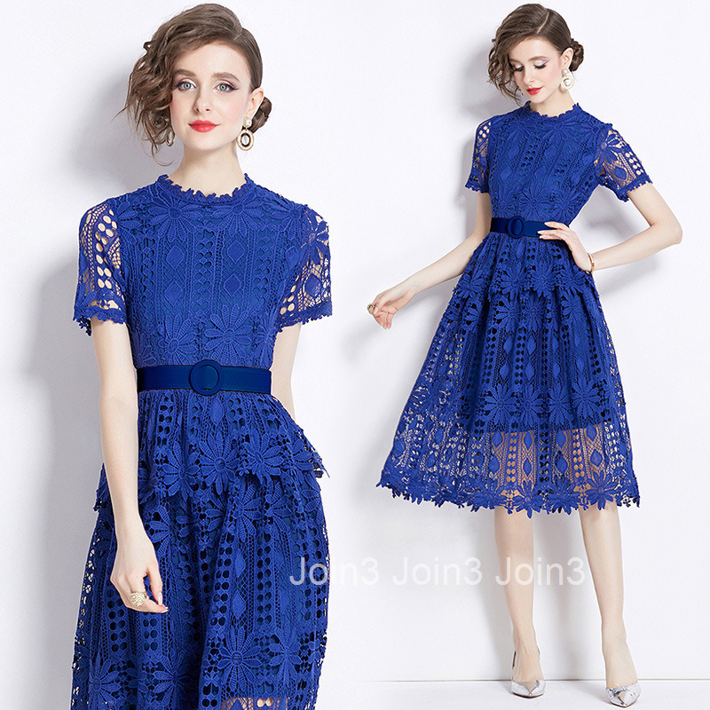 529 Summer New Womens Clothing Style Fashionable and Skinny Hollow out Water soluble Lace Short Sleeve Medium length Dress