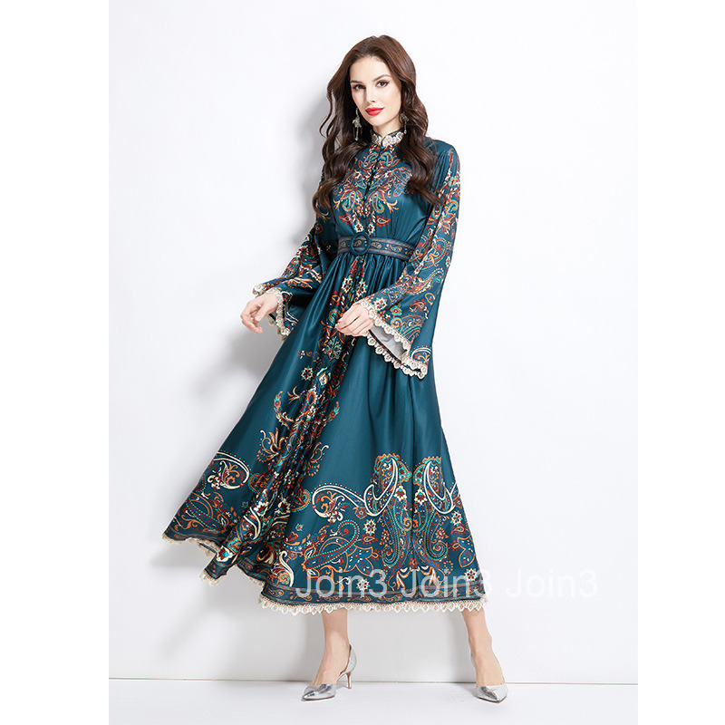 2713 Spring Summer Vacation Ethnic Style Floral Lace Patchwork Long Stand Collar Dress