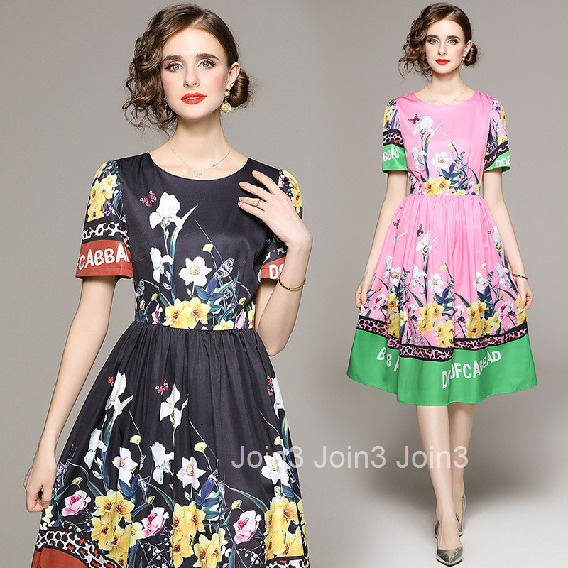 8698 Fashion Pastoral Style Floral Print Short Sleeve Dress with Lining