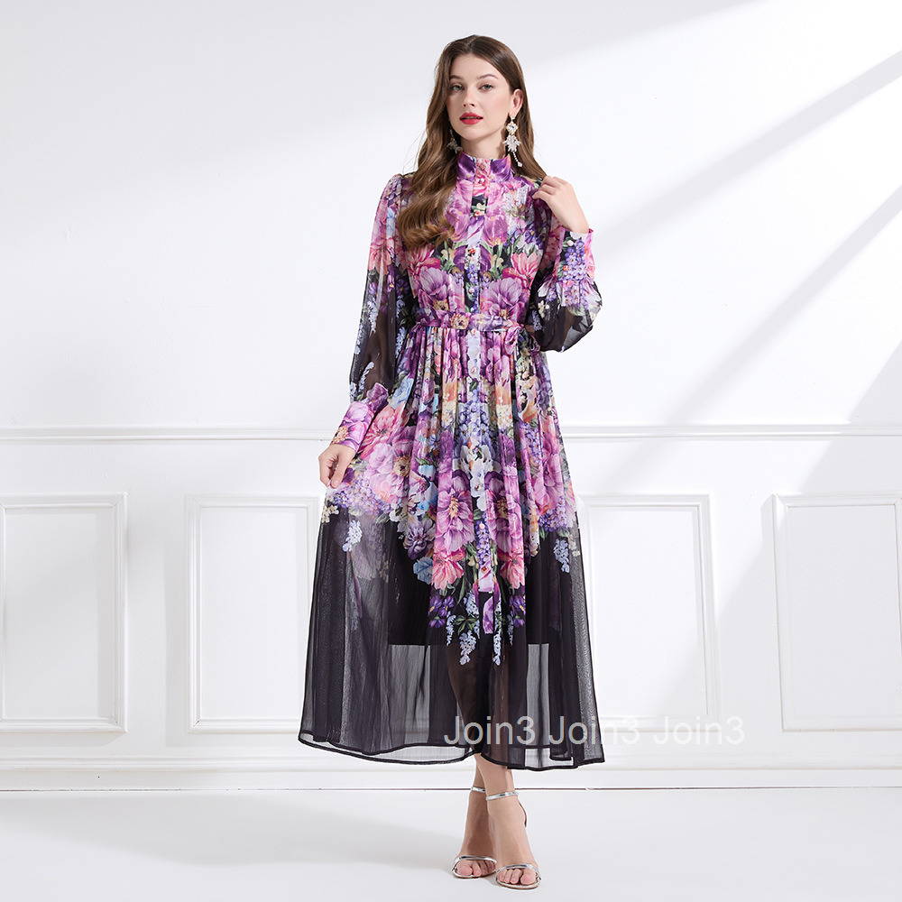 2187 Stand Collar New Womens Printed Lantern Sleeve Waist Cinching Flared Long Dress Two-Piece Set