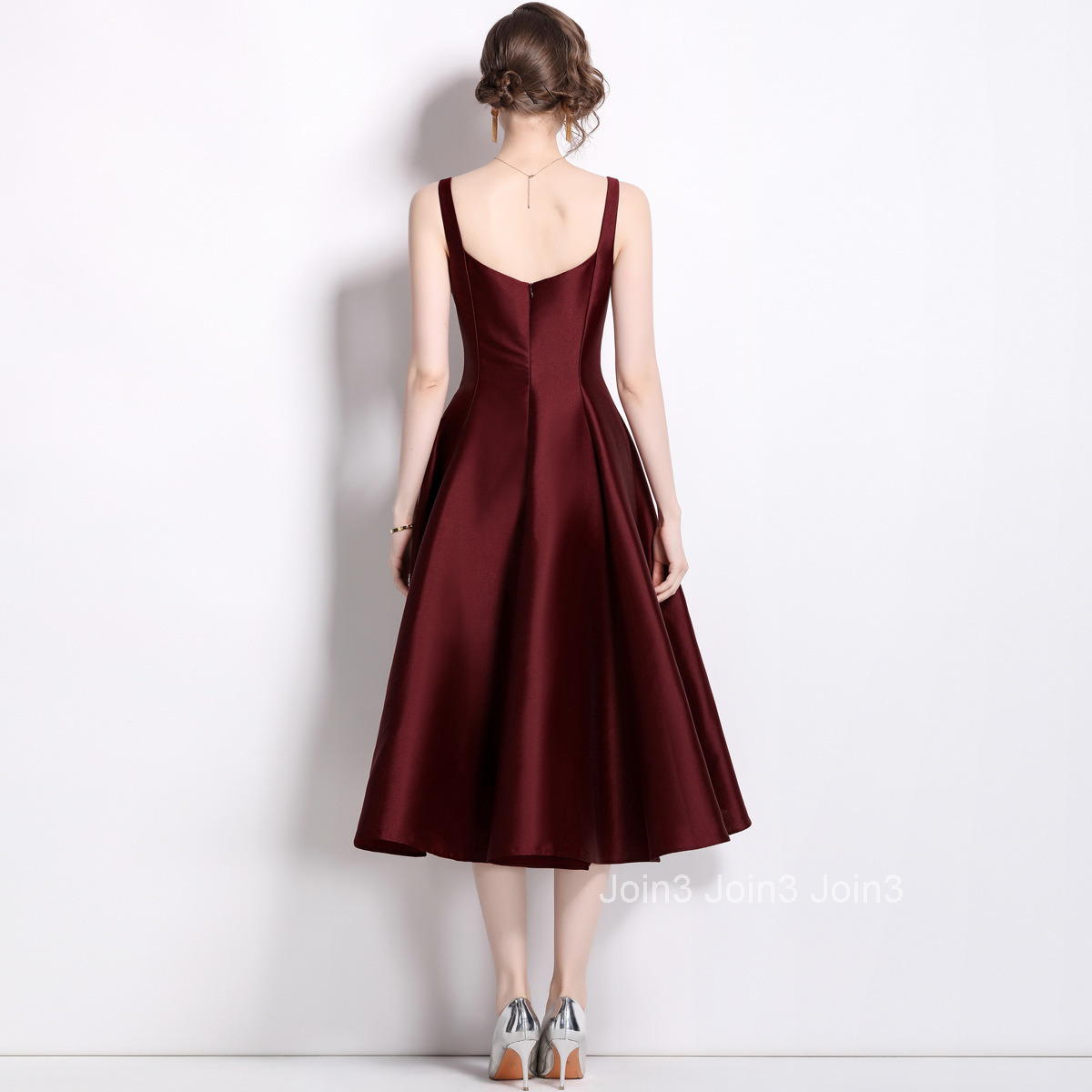 882 Summer New Womens Fashion Elegant Waist-Cinching Slimming Maroon Dress Strap Flared Long Dress