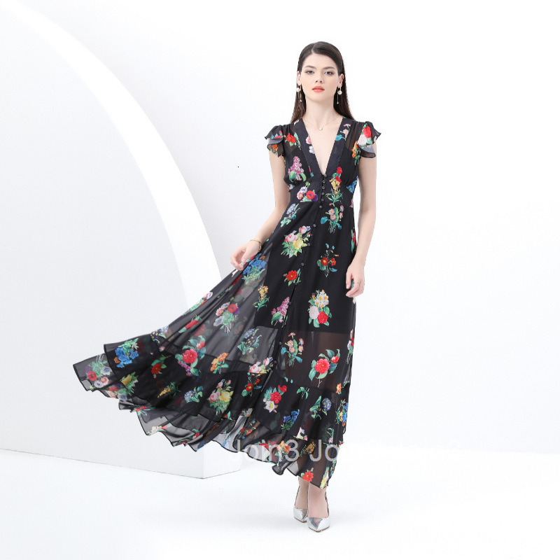 6092 Early Spring New Womens Fashion V-neck Flared Long Dress Elegant Floral Dress Two-piece Set