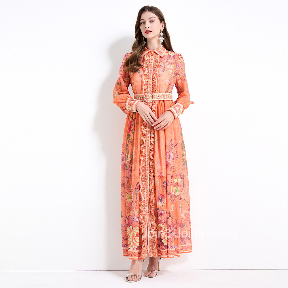 2161 Spring/Summer Chiffon Shirt with Printed Collar Long Sleeve Waist Collection Lotus Leaf Side Skirt - Two Piece Set