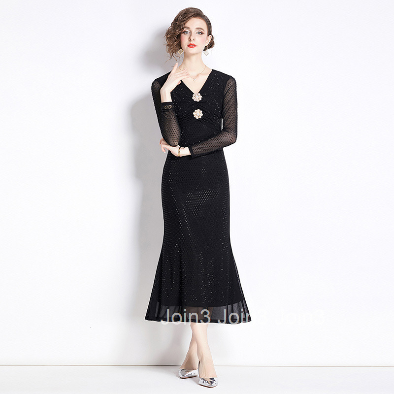 6002 New Style Rhinestone Mesh Elegant Three-Dimensional Flower V-Neck Waist-Cinching Slimming Elegant Long Dress