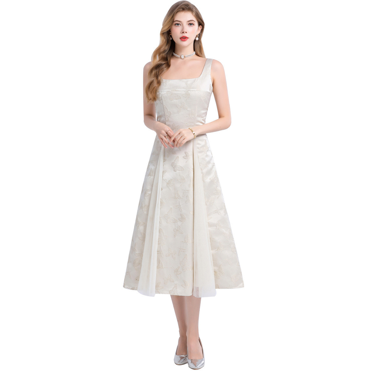 9651 French Elegant Jacquard Dress for Women Lace Strap Waist-Cinching Long Dress