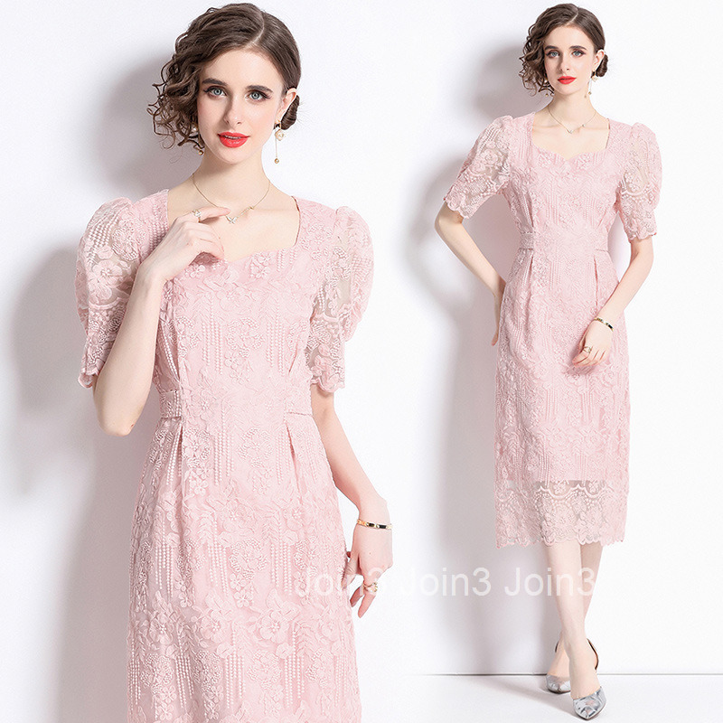 8561 Summer New Womens Fashion Square Neck Lace Embroidered Waist Slimming Elegant Dress