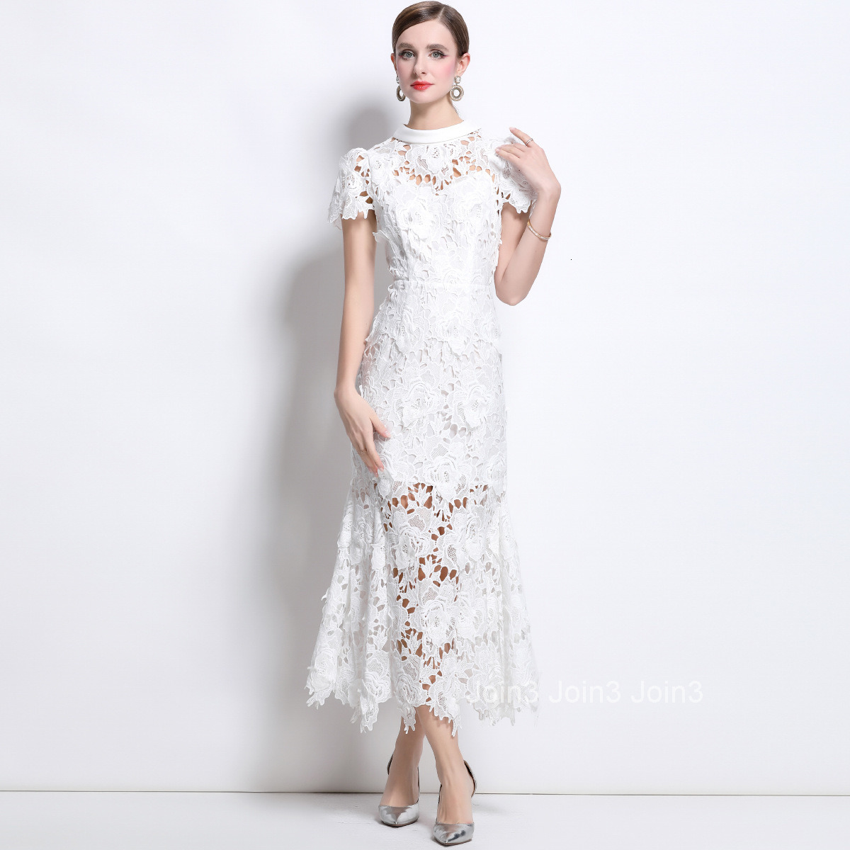 1692 Spring and Summer New Elegant High Neck Round Neck Short Sleeve Water Soluble Lace Dress