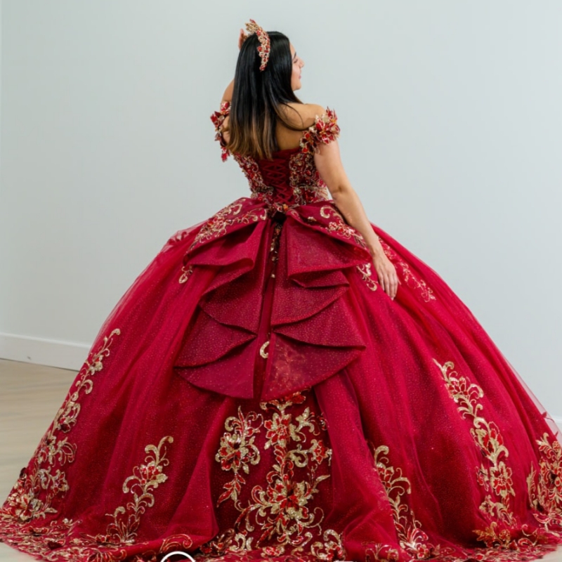 Red Shiny Quinceanera Dresses Ball Gown Off The Shoulder Applique Lace Beading Crystal Tull Party Birthday Sweet 16 Dress Vestidos 15 Anos