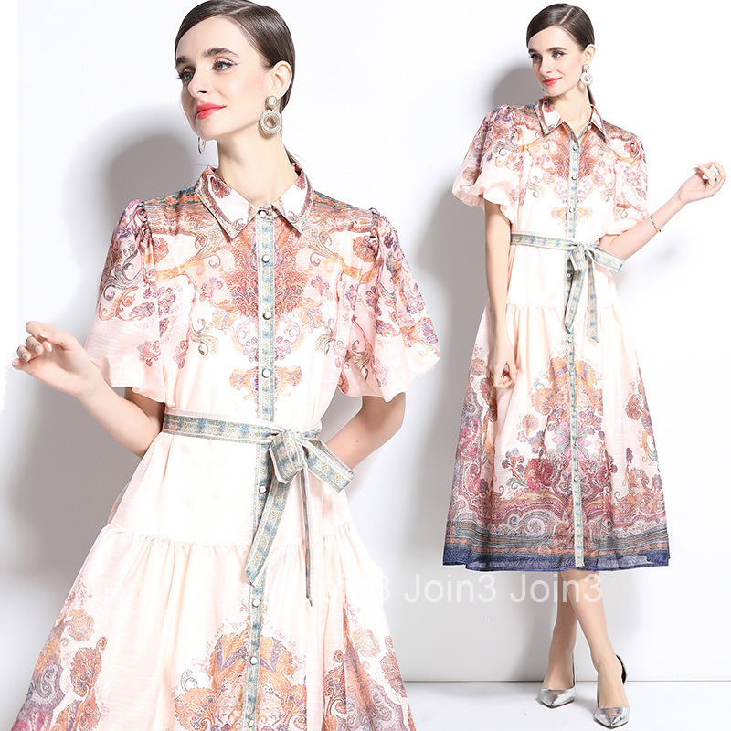 1235 spring/summer new style lapel slim fit bubble sleeve printed two-piece dress