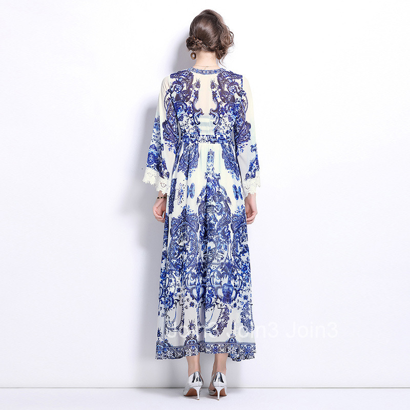 1019 Autumn New Seaside Vacation Beach Skirt Blue and White Porcelain Pendant Skirt Dress