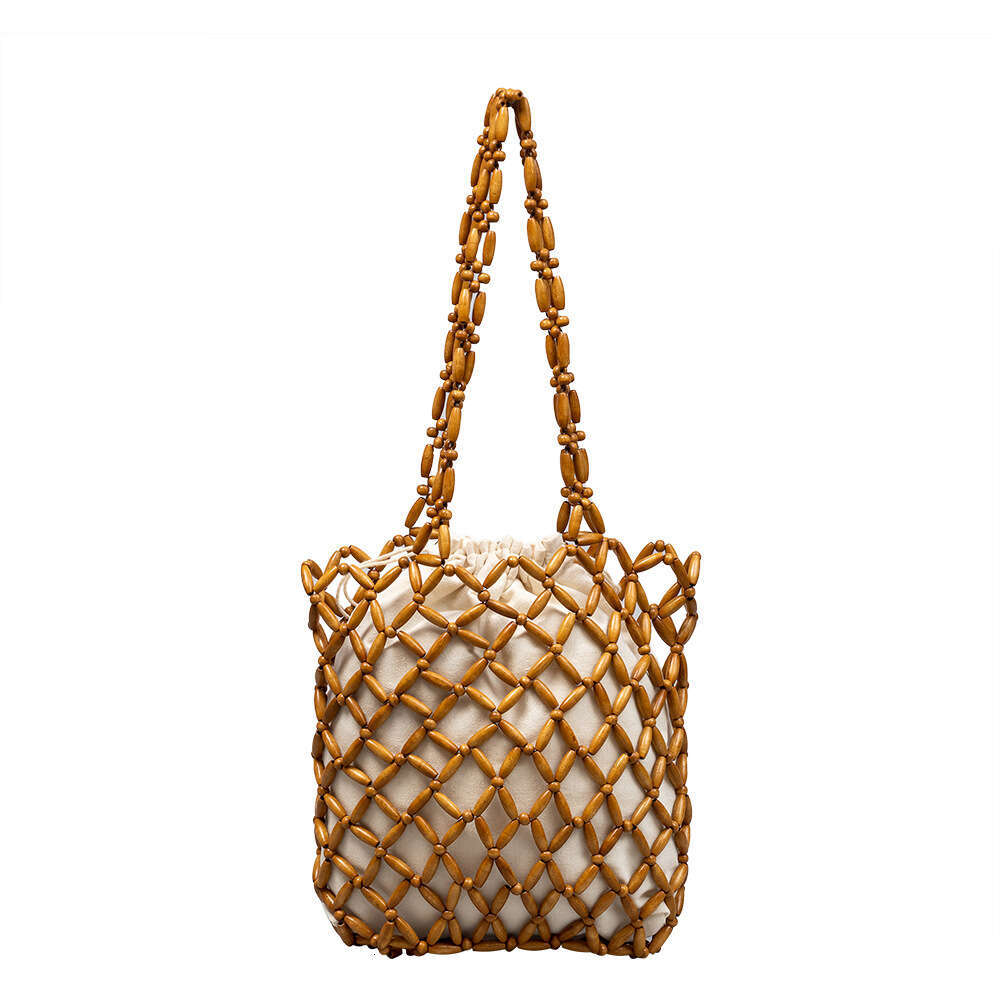 ENSPT Handheld Wooden Bead Handwoven for Women Summer Niche Design Commuter Shoulder Bag