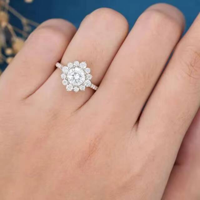 Engagement Ring 14K Solid Gold Promise Moissanite Half Eternity Ring Side Stone Accented Ring for Women