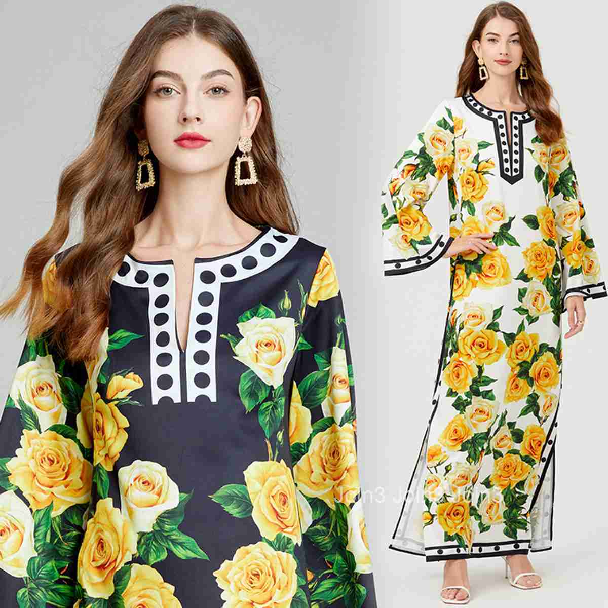 613 summer new womens printed polka dot round neck slit long sleeved dress loose long skirt