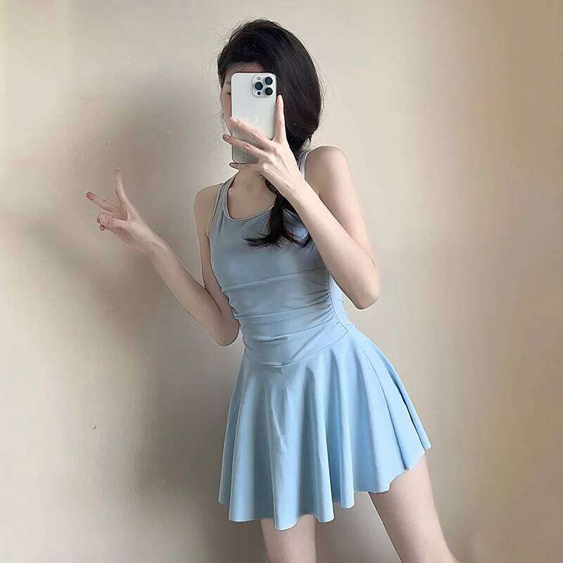 Women's Summer 2025 One-piece Flat Angle Skirt Student Swimming Cover Belly Conservative Waist Skinny Swimsuit