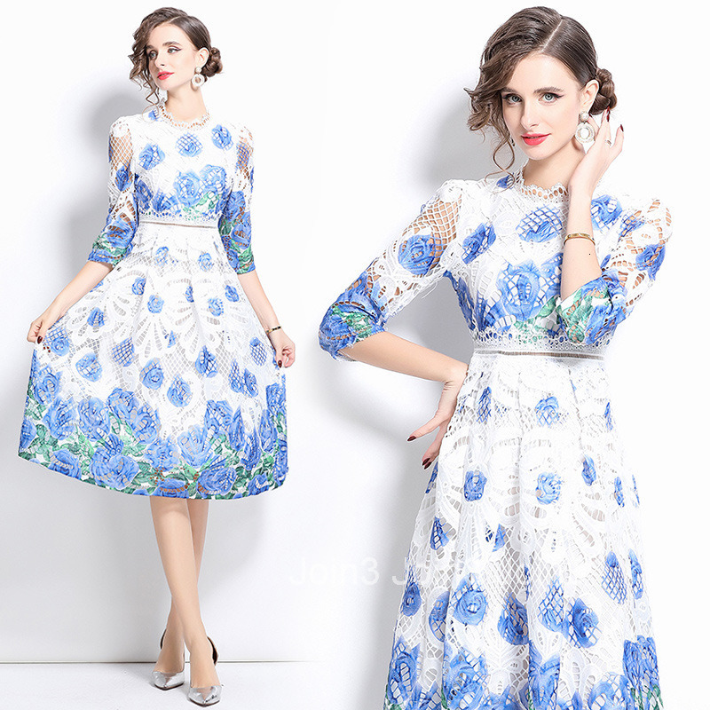 564 medium long sleeved fashionable slimming hollow out water-soluble lace mid length dress