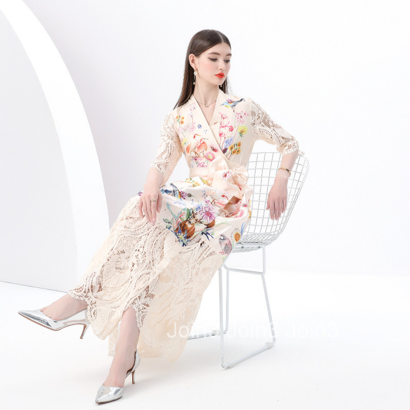 6141 Early Spring New Style Bodycon Tie V-neck Elegant Long Dress Lace Patchwork Printed Dress