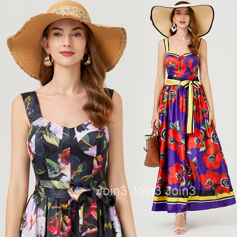 639 Spring Summer New Womens Printed 3D Chest Pad Strap Dress Slim Fit High Waist Flared Dress