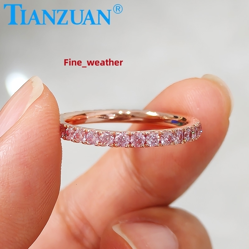 Pink Color 2mm Round Moissanite Full Eternity Ring Band Yellow / Rose Gold Plated S925 Silver Diamond Engagement Jewelry