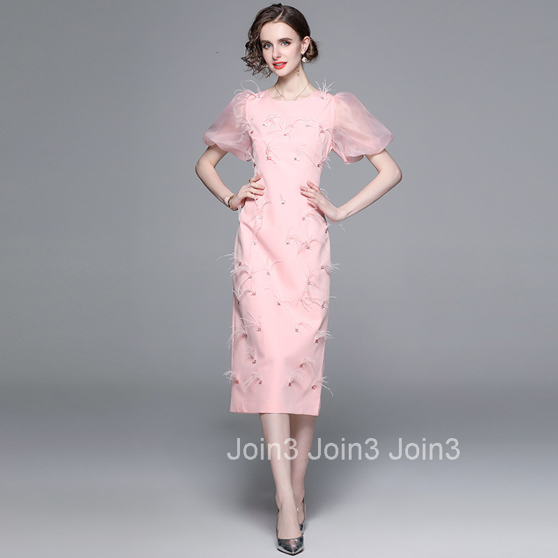 8722 Spring and Autumn New Womens Fashion Elegant Round Neck Lantern Sleeve Rhinestone Embellished Furry Mid-Length Dress