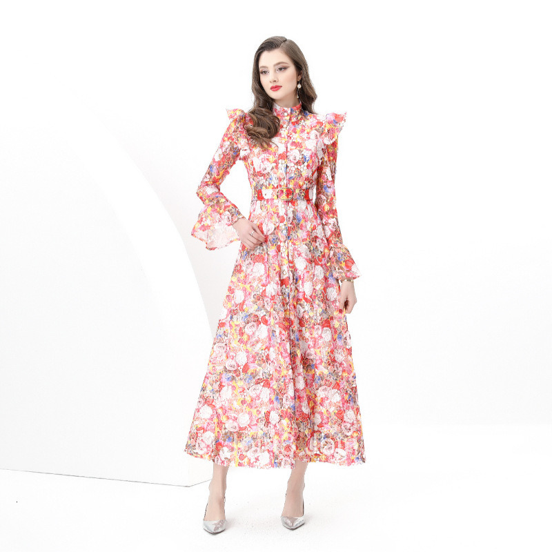 8836 Spring Summer Elegance Style Stand Collar Long Sleeve Waist-Cinching Wide Skirt Lace Print Long Dress