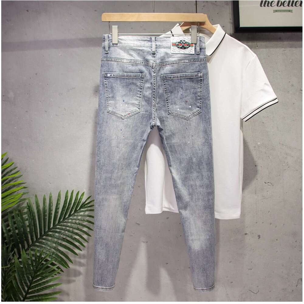 Ripped Jeans for Men Spring 2025 Light Color Slim Fit Stretch Cropped Pants Youth Trendy Ins Paint Splatter 9/10 Length Skinny