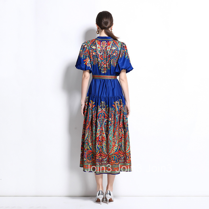 2025 Spring/Summer New Cotton Hemp Collar Lantern Sleeve Printed Dress Long Skirt