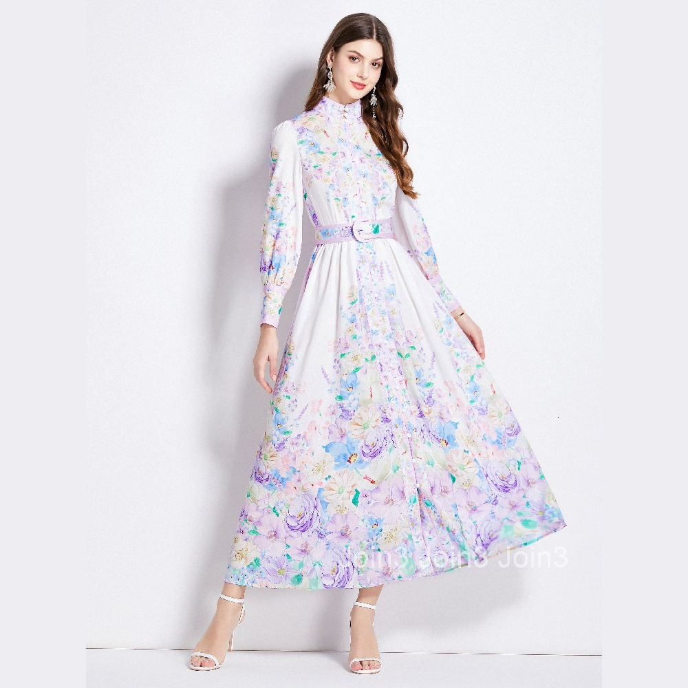 2563 Spring Summer Vacation New Womens Floral Oil Painting Style Stand Collar Long Sleeve Flared Long Dress