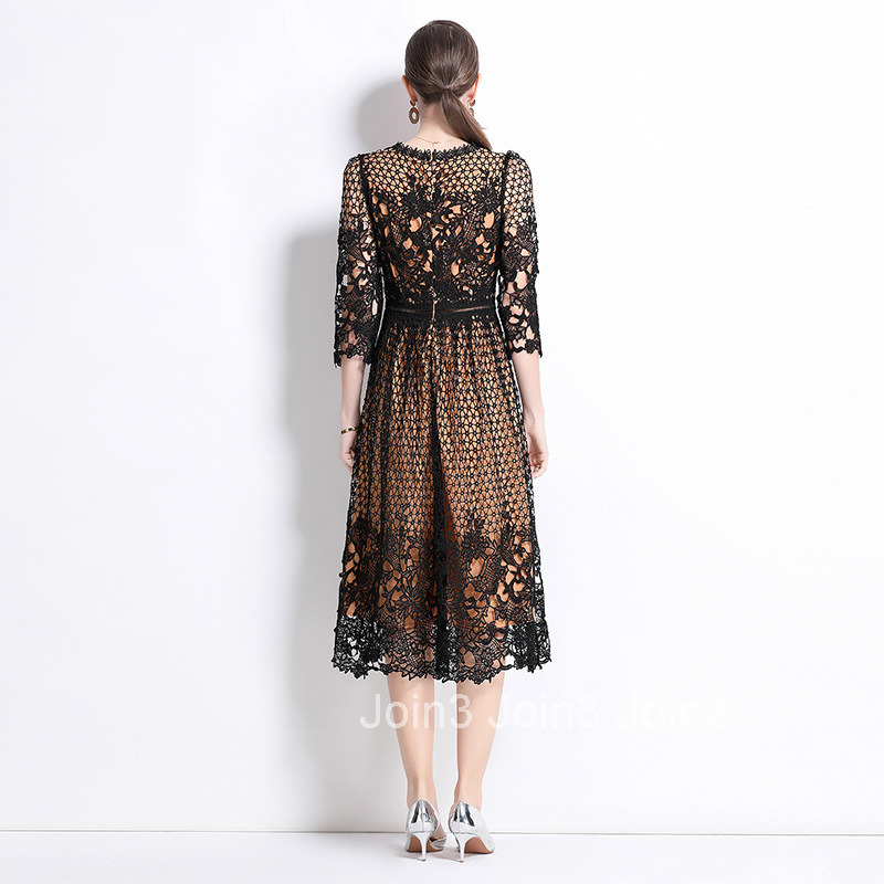 552 Mid-Length Sleeve Slimming Hollow Water-Soluble Lace Positioning Printed Mid-Length Dress