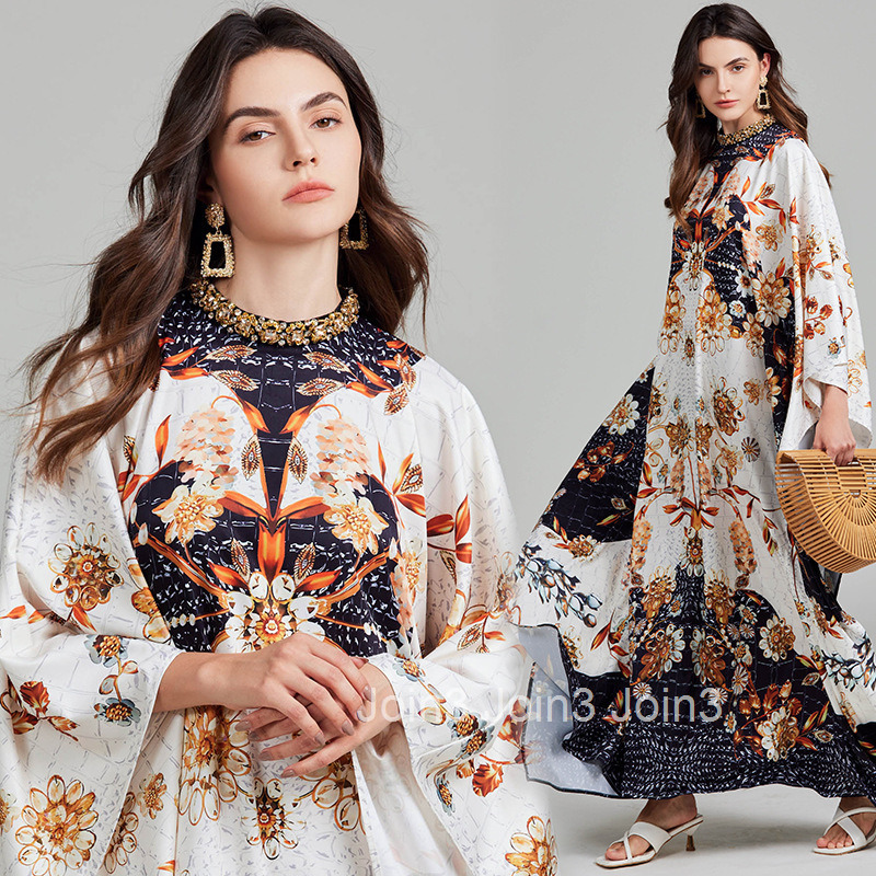 671 Autumn New Womens Vacation Style Printed Round Neck Split Long Skirt with Nail Drill Loose Dress