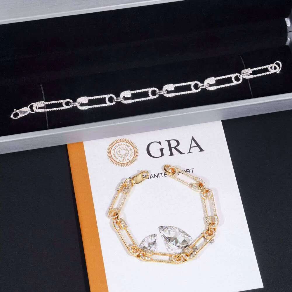 Hip Hop Jewelry Fashion Paper Clip Style Sier Gold Plated Iced Out Moissanite Tennis Bracelet Gifts