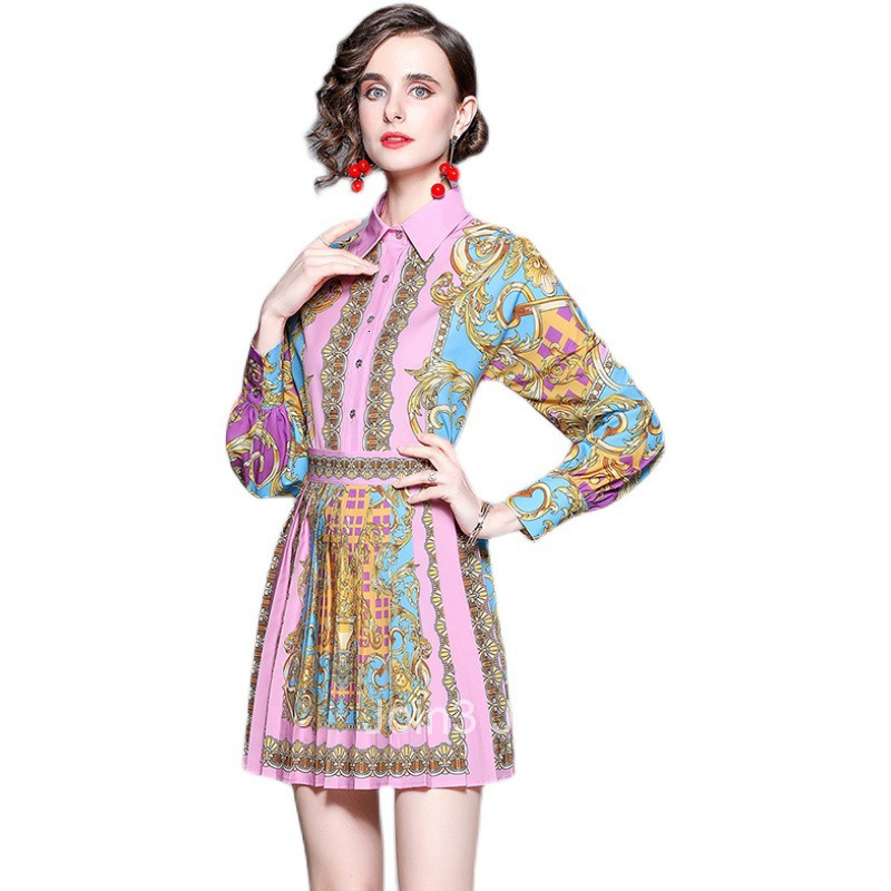 1030 Spring/Summer New Womens Style Printed Long Sleeve Shirt+High Waist pleated Skirt Two Piece Set