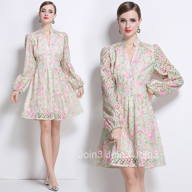 6975 Elegance Style Elegant Single-Breasted Lantern Sleeve Womens Summer Floral Sweet Youthful Midi Dress