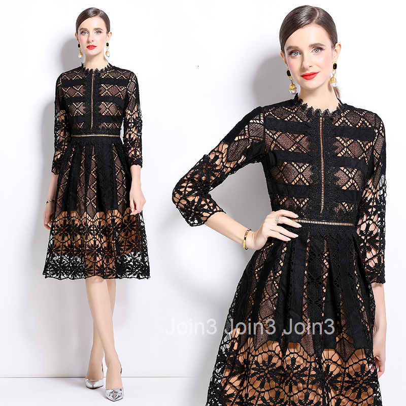 558 autumn new womens clothing style mid long sleeved slimming hollow out water-soluble lace mid length dress